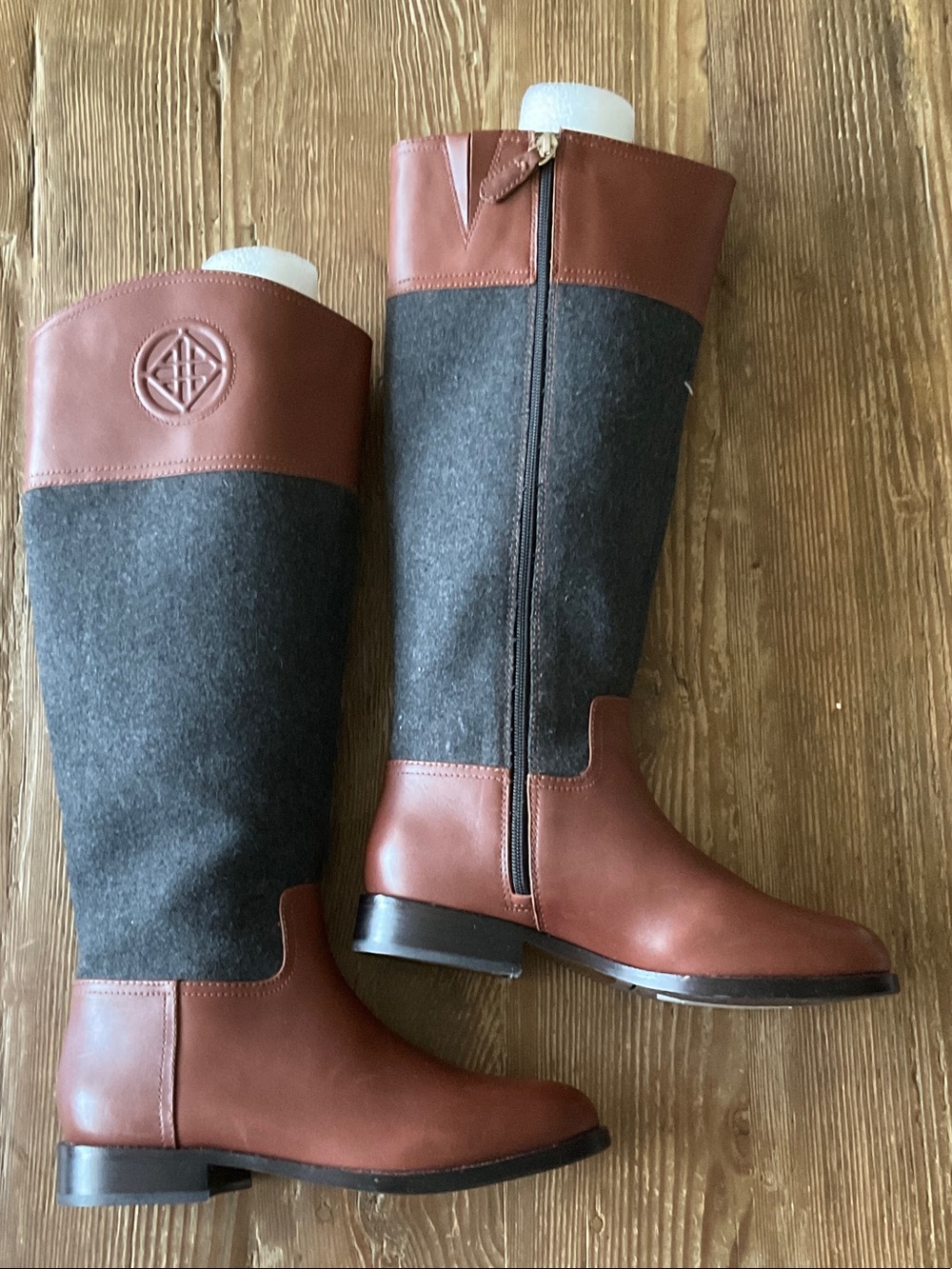 ANTONIO MELANI Brown Leather & Charcoal Wool Tall Riding Boots